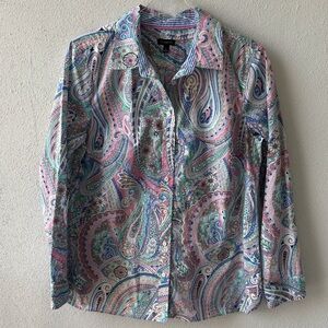 Talbots Paisley Print Long Sleeve Button Up Top Size L Pastel Colors 100% Cotton